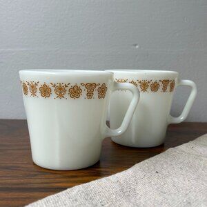Pyrex 2 Mugs Butterfly Gold Milk Glass Brown Pattern